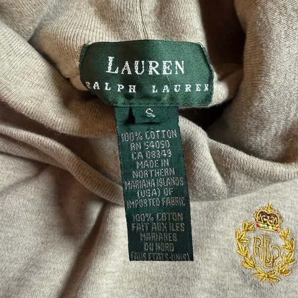 Lauren Ralph Lauren Womens Oatmeal Beige Cotton Turtleneck Crest Logo Top S VTG - Image 5