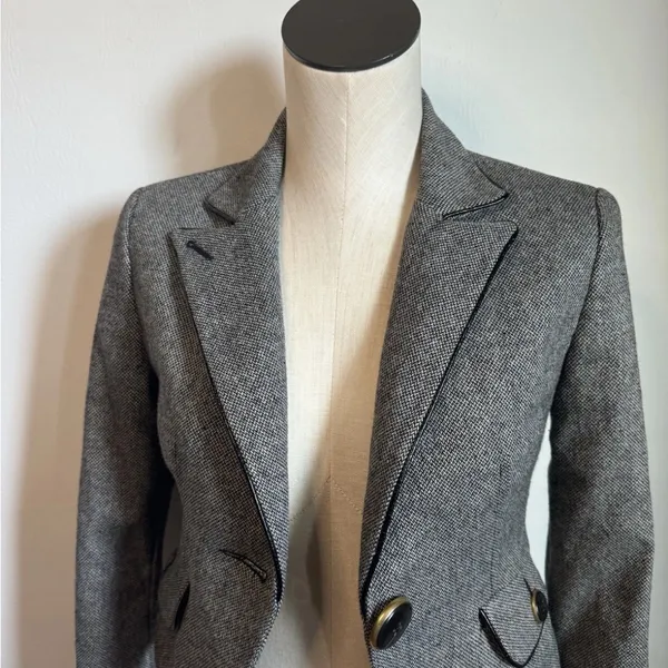 EXPRESS Tweed Blazer Y2K Suit Jacket Black & White Sz O Cropped Fitted - Image 2