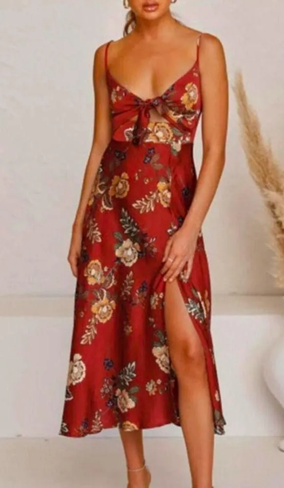 Petal + Pup - Doriah Floral Satin Midi Dress in Red Gold & Green - Image 4
