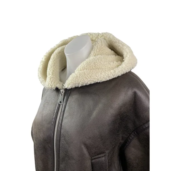 Stradivarius Women's Brown Fleece Sherpa Hoodie Full Zip Faux Leather Jacket L - Image 2