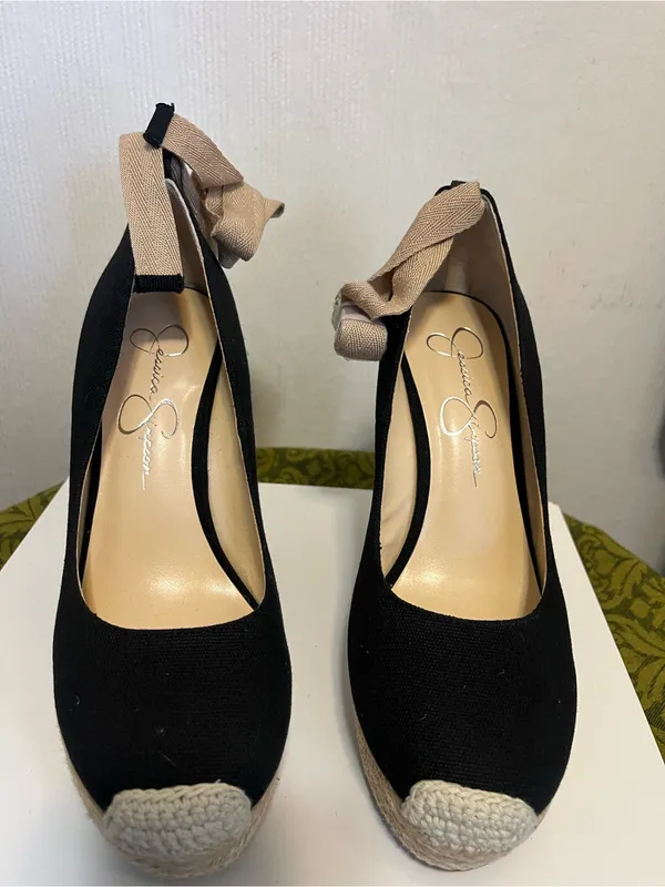 Jessica Simpson Black Wedge Espadrille Heels with Tan Ankle Wraps - Image 2