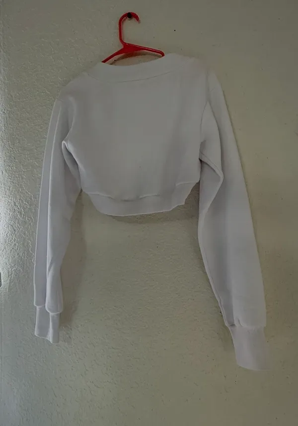 White Cropped Open-Front Shrug Sweatshirt with Thumbholes - Size S - Image 4
