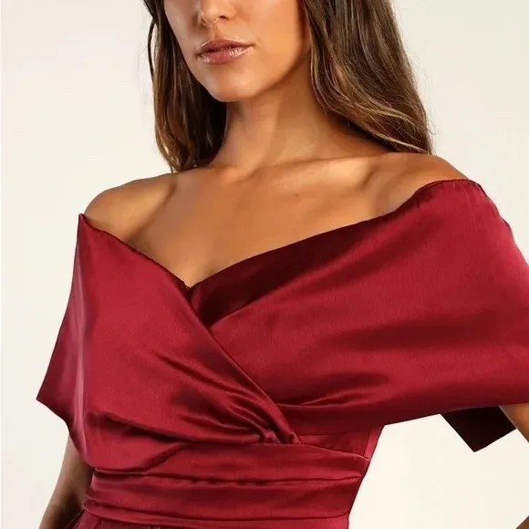 Lulus Always Celebrating Burgundy Satin Off-The-Shoulder Mini Dress Size M - Image 5