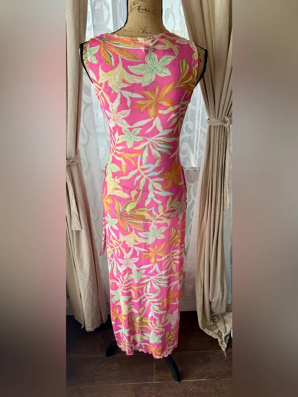 Derek Heart Pink Tropical Floral Swim Cover Up Dress Sz Small Side Tie Slits - Image 5
