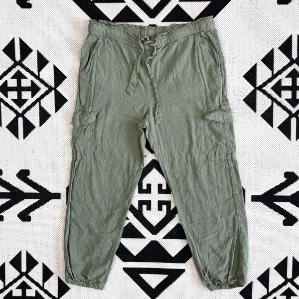 Aerie Linen Blend Paperbag Waist Cargo Joggers in Army Green Small - Image 5