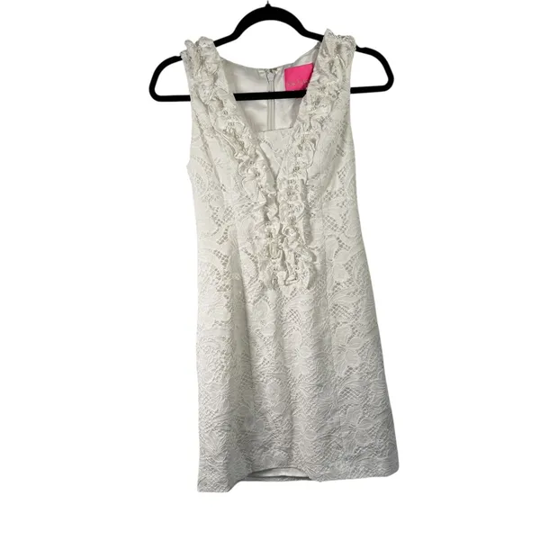 Lilly Pulitzer Kiera Shift Dress White Lace Pearl Ruffle Bride‎ Preppy Womens 0 - Image 3