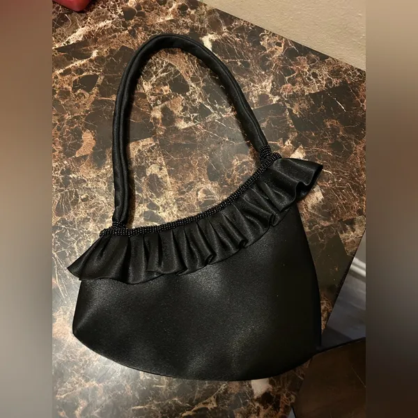 Black Ruffled shoulder bag with black accent beading - Image 2