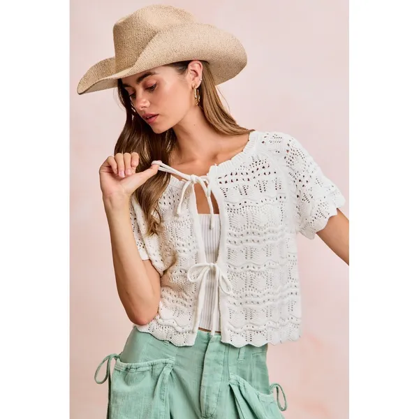 BiBi Front Bow Tie Detail Pointelle Knit Top - Ivory - XL - Image 2