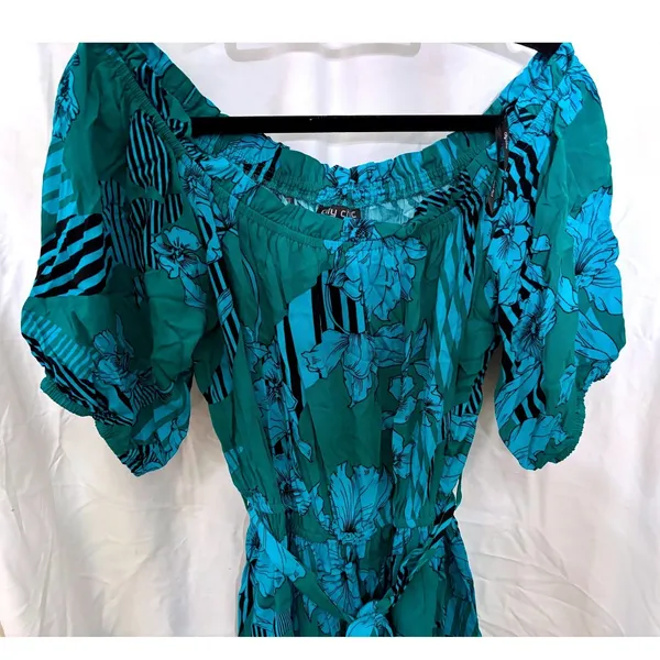Boho Flowy‎ Dress 16 Teal Floral Cottagecore Romantic Tiered Belted Coastal Chic - Image 6