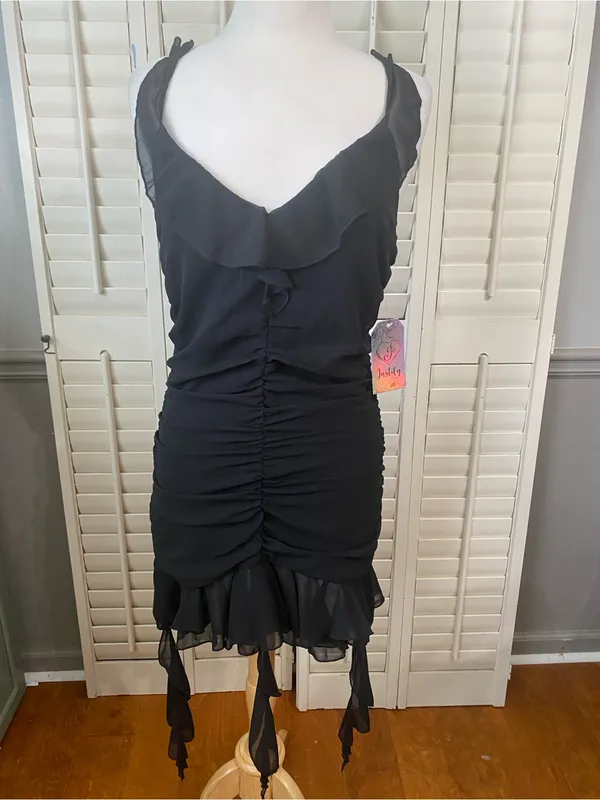Justify Black Ruffled V-Neck Mini Dress with Sheer Ties - Image 4