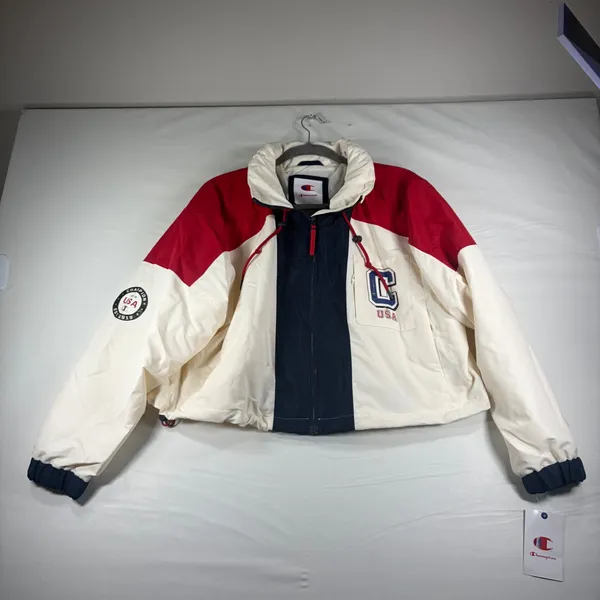 Champion USA Colorblock Cropped Windbreaker Jacket Red Blue Large Retro‎ NEW - Image 4