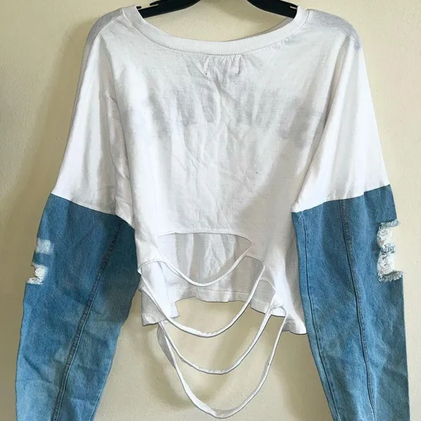 Rainbow Sandals - Love - Good Vibes Back Ripped Jean Arm Cropped Half Shirt - 1X - Image 3