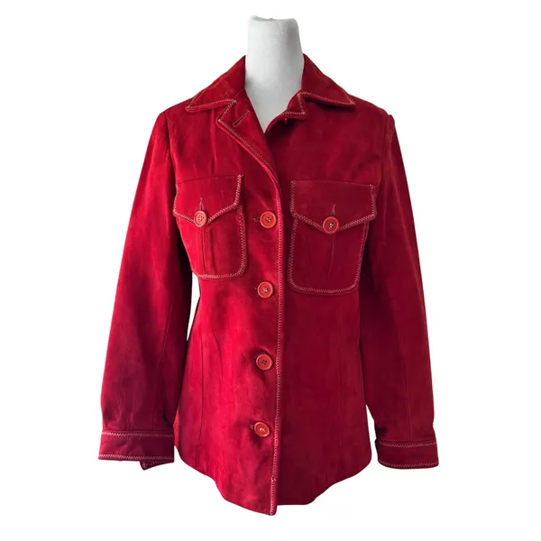 Vintage ‘70s Red Suede Button Front Collared Jacket Size XXS - Image 3