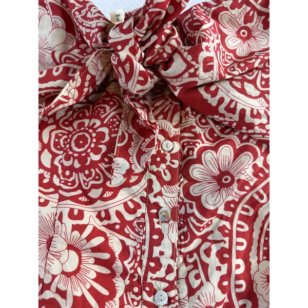 Anthropologie Blue Tassel Red Paisley Floral Strapless Tie Front Mini Dress L - Image 3