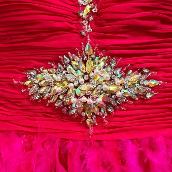 Mac Duggal Hot Pink Feather Mini Dress Beaded Sequin Strapless Prom Party Size 0 - Image 11