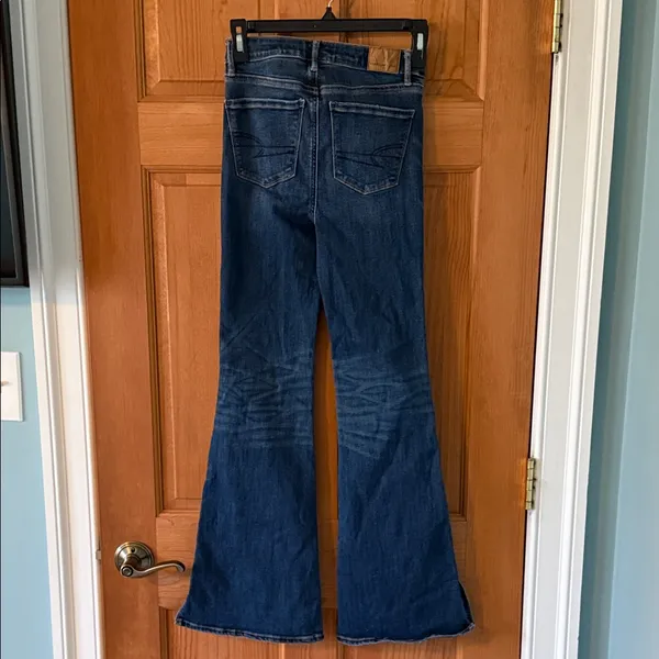 American Eagle Outfitters Size 0 Super Hi-Rise Flare Dark Blue Stretchy Jeans - Image 5