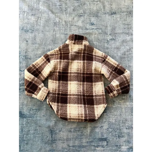 Crave Fame Chocolate Brown Cream Plaid Button Front Faux Sherpa Shacket Junior M - Image 2