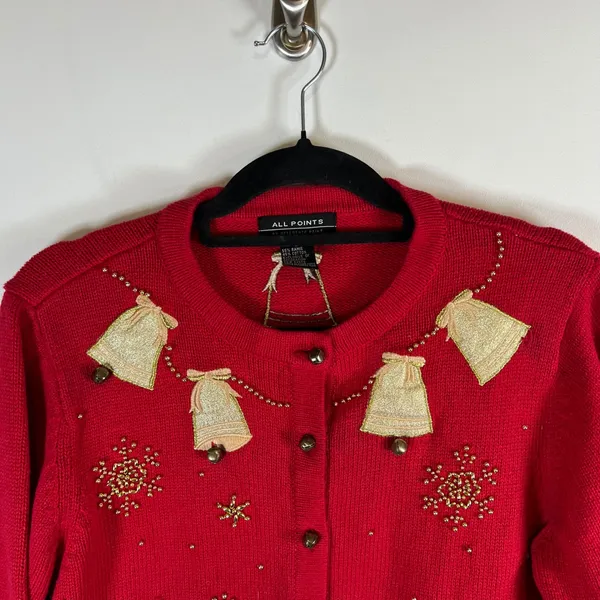 All Points Red Christmas Cardigan Sweater‎ Gold Bells Beaded Snowflakes Large - Image 2