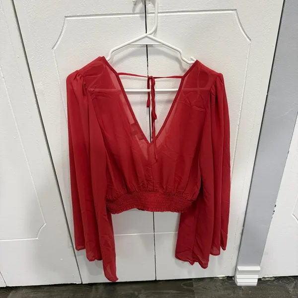 NWOT Lulus Loving Aura Coral Red Smocked Long Flutter Sleeve Top - Image 4
