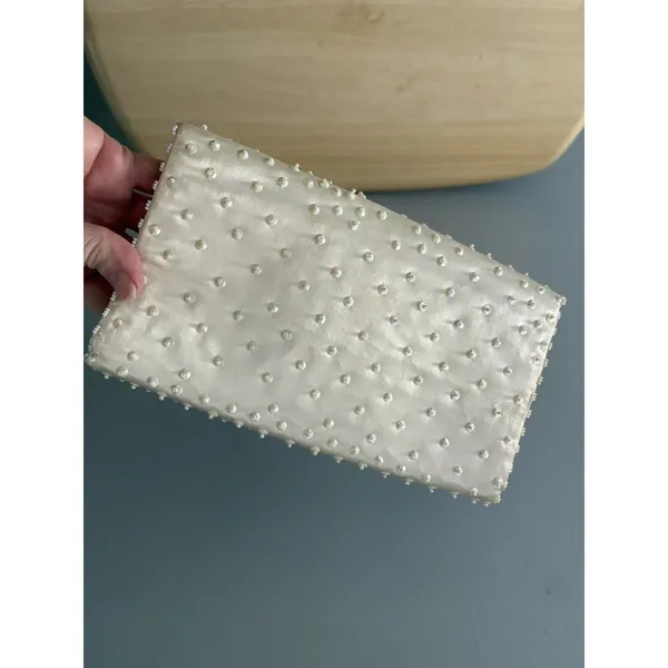 Vtg White Satin Beaded Evening Clutch Purse Handmade Hong Kong Wedding Prom Gala - Image 4