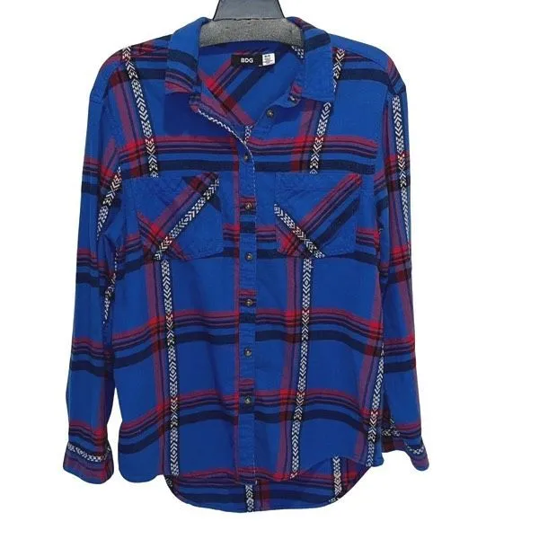 BDG Womens Flannel Long Sleeve Button Down Shirt Blue‎ Red Size Medium - Image 2