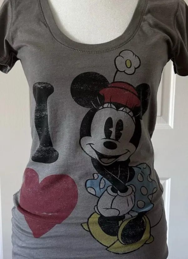 Disney Vintage 'I Love Minnie Mouse' Distressed Gray V-neck Graphic Short Sleeve T-shirt - Image 2