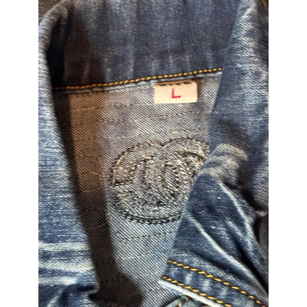 Sequined Interlocking CC Logo Cropped Denim Jacket Medium Wash Blue Large Size undefined - Image 3
