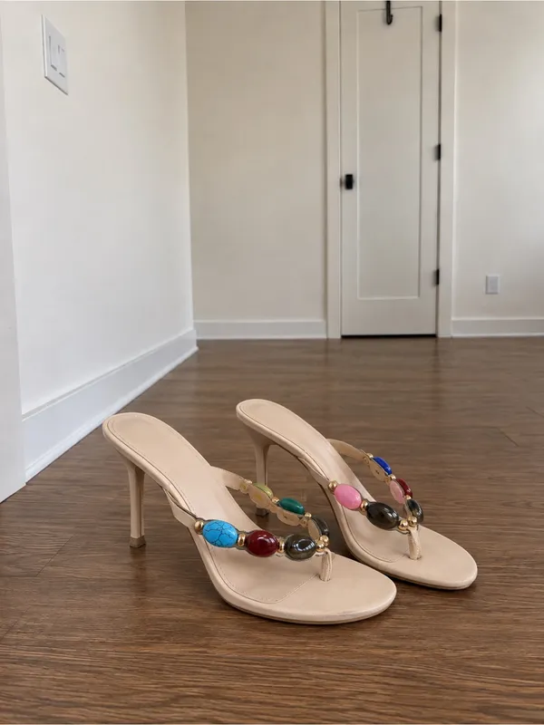 Multicolor Beaded Nude Stiletto Sandals - Image 3