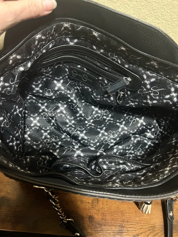 Jessica Simpson Black Pebbled Tote Shoulder Bag Silver Chain Zip Tassel Charm - Image 4