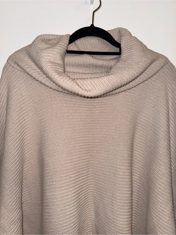 Cozy Taupe Cowl-Neck Women's Sweater Poncho - Image 2