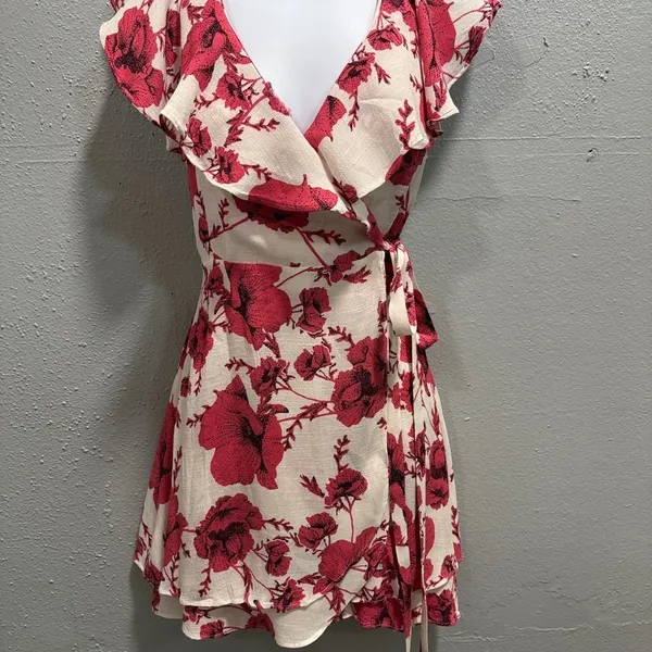 Free People Floral Ruffle Wrap Mini‎ Dress Cream Pink Cap Sleeve Size S - Image 3