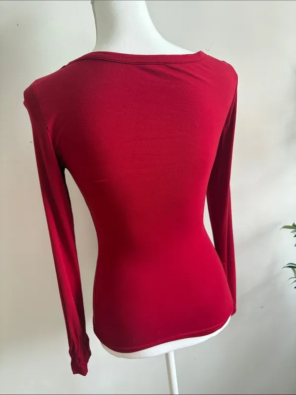 Amazon Long Sleeve Henley V-Neck Top - Red - Image 3