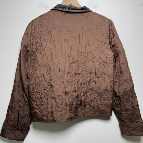 Due Per Due Women 100% SILK Chore Jacket L Brown Reversible Quilted‎ Embroidered - Image 8