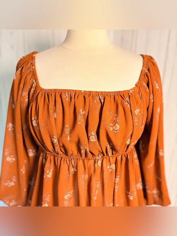 EASEL 3/4-Balloon Sleeve Floral Babydoll Style Blouse, Medium, Amber Cottagecore - Image 2