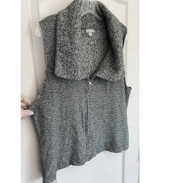 J. Jill Womens B&W Marled Full Zip‎ Shawl Collar Sleeveless Sweater Vest Large - Image 3