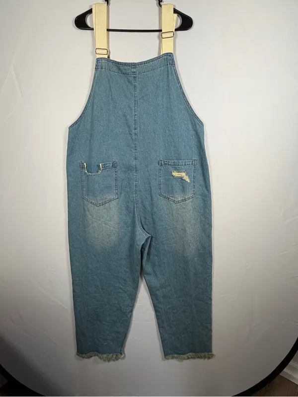 Women’s Denim Overalls Size M Light Wash Distressed Cropped Baggy Utility - Image 5