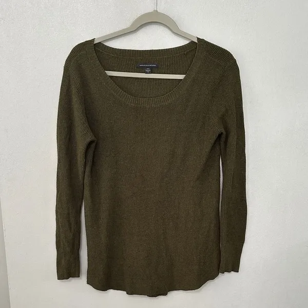 American Eagle Womens Sweater Olive Green Ribbed Knit Scoop Neck Medium - Image 2