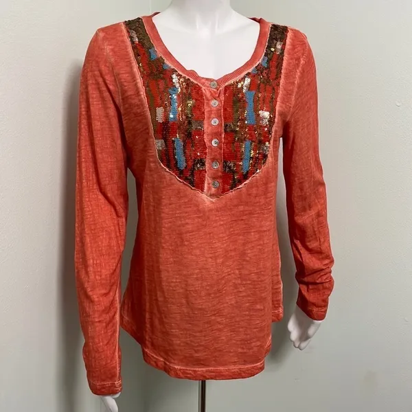 Free People Tiger Eyes Orange Sequin Bib Long Sleeve Henley - Image 4