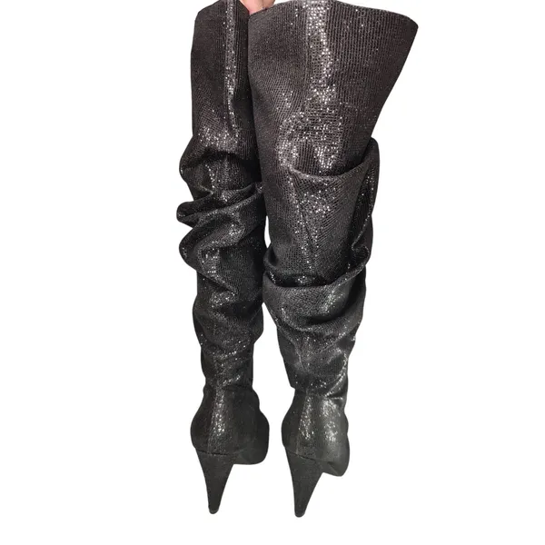 Y2K Black Cape Robbins rhinestones Knee high boots sz 7.5 - Image 4