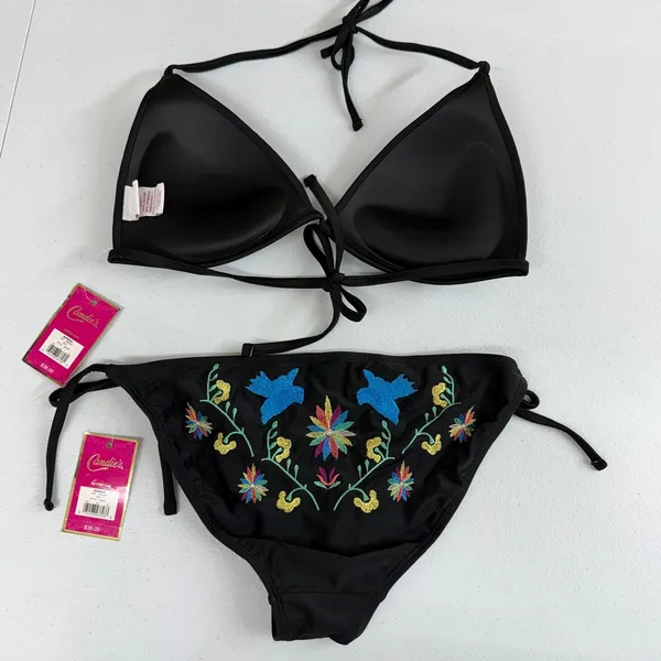 NEW‎ Candie's black floral embroidered push up tie halter bikini swimsuit set M - Image 5