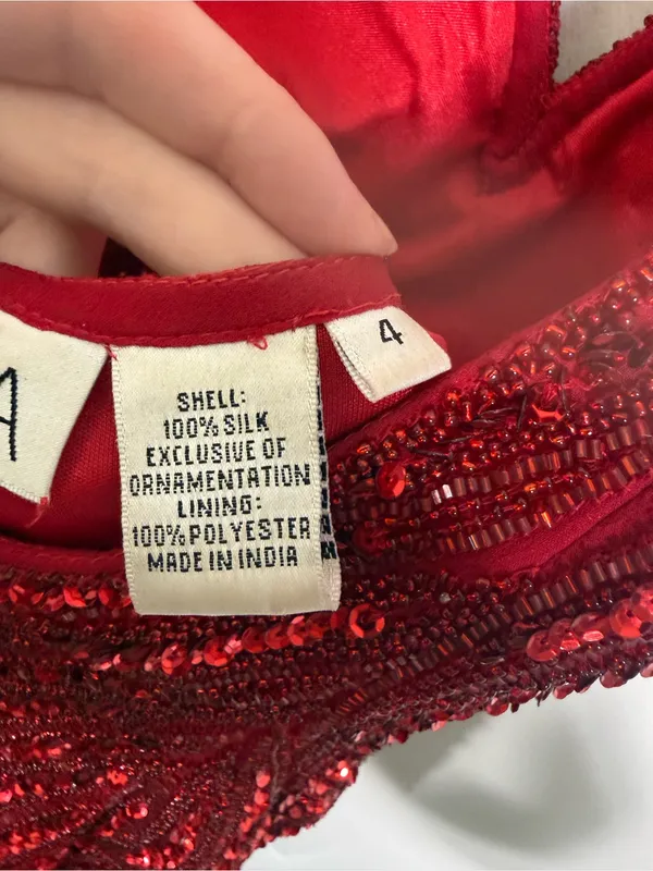 Scala 48608 Beaded V-neck Red Sequin Open Back Silk Mini Dress Size 4 - Image 5