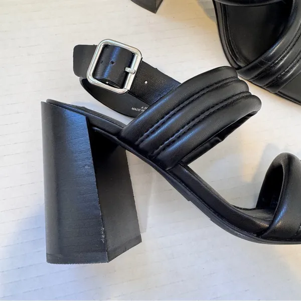 Steve Madden Black Faux Leather Square Toe Heels Women’s 6.5 Sandals Chunky Fall - Image 3