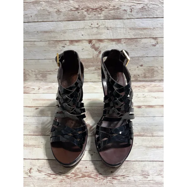 Tory Burch Annamarte Platform Wedge Sandals Size 6.5 Black Patent Leather Gold - Image 3