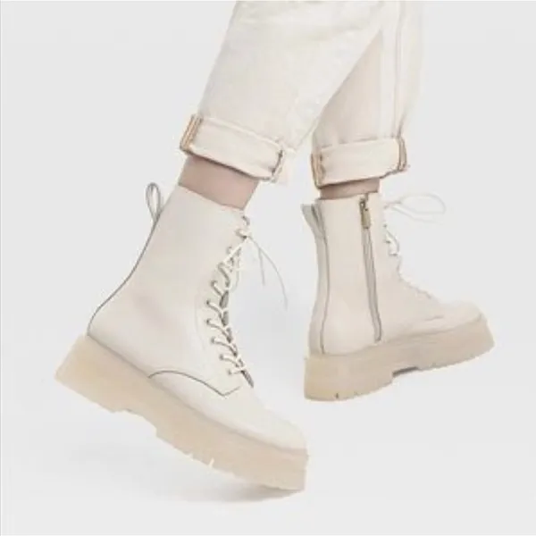 Stradivarius Cream Lace Up Leather Boots Size 38 (8) - Image 2