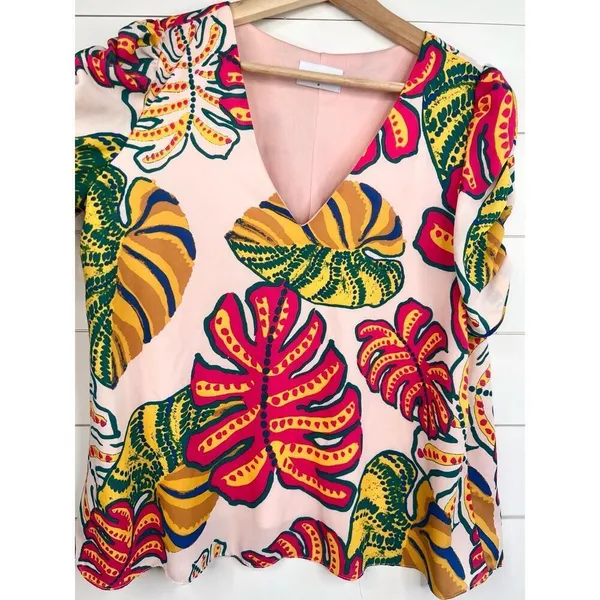Adrienne Tropical Palm Print V-Neck Half Puff Sleeves Blouse Top Size Medium - Image 4