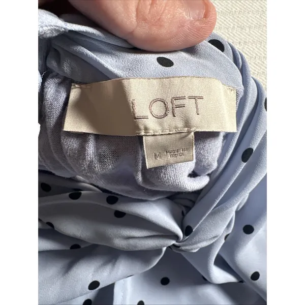 LOFT Women’s Medium Sleeveless Blouse Blue Black Polka Dot Tie Neck Career Top - Image 4