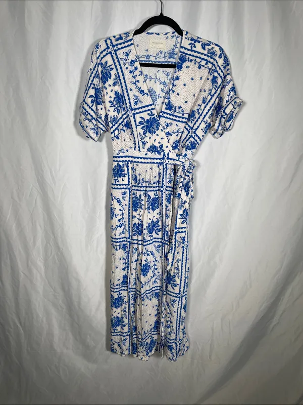 Urban Outfitters Womens Gabrielle Blue Floral Midi Wrap Dress Small - Image 2