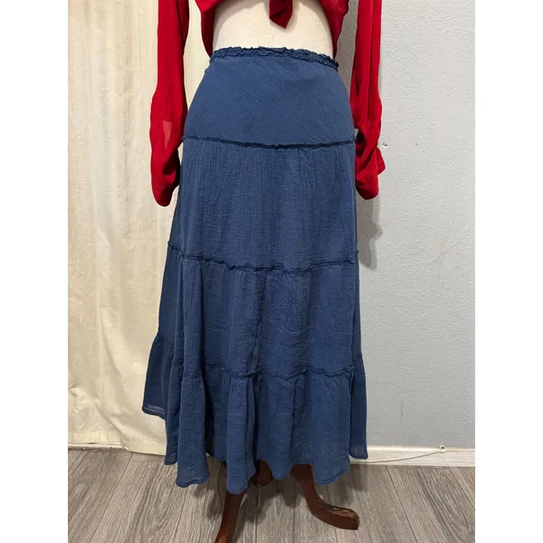 Chaps Maxy SKirt L‎ Navy Blue Crinkle Gauze Tiered Large Boho 100% Cotton Flowy - Image 4