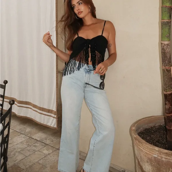 Stitch + Feather beaded top Black - Image 2