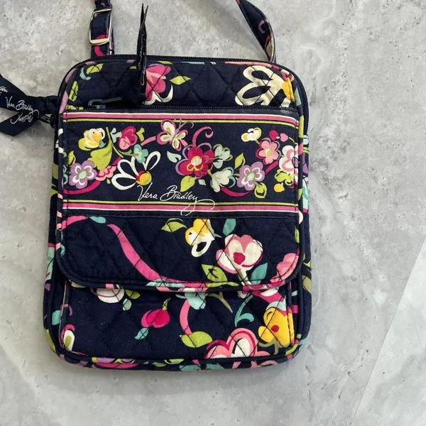 Vera Bradley‎ Mini Hipster Crossbody RIBBONS Winter 2012 Navy Blue Floral Pink - Image 2